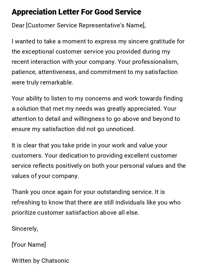 Appreciation Letter For Good Service