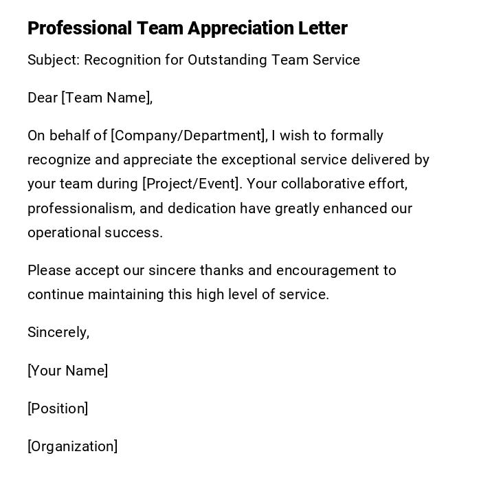 Professional Team Appreciation Letter