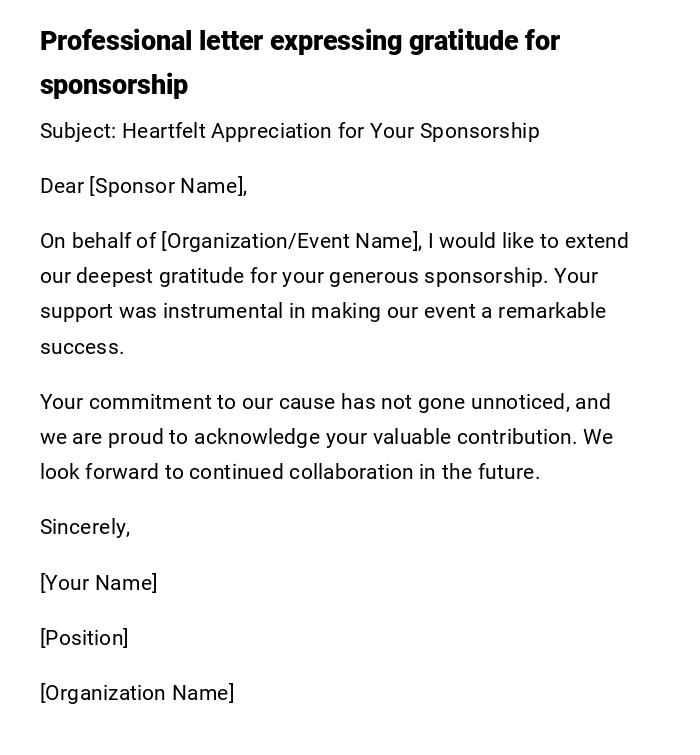 Professional letter expressing gratitude for sponsorship
