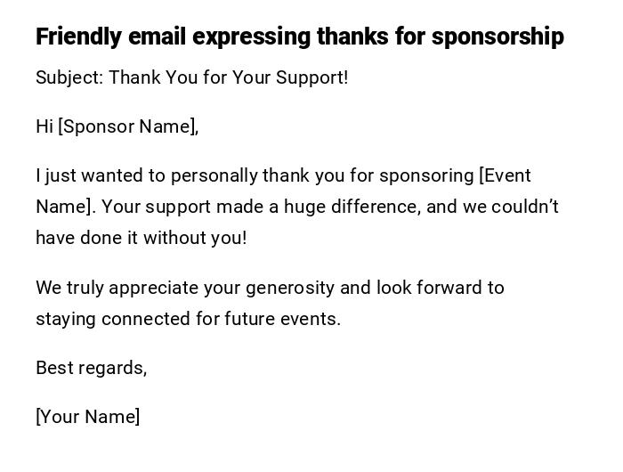 Friendly email expressing thanks for sponsorship