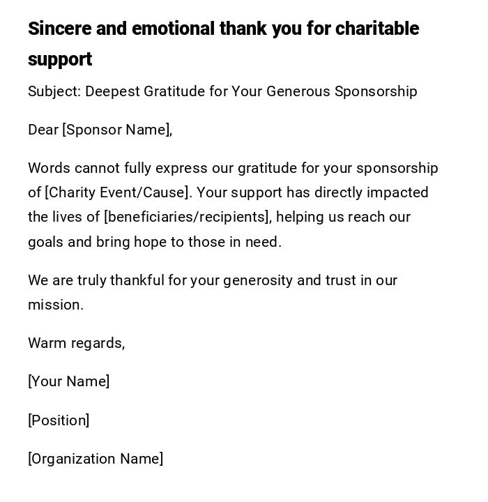 Sincere and emotional thank you for charitable support