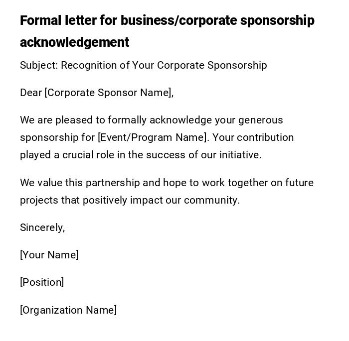 Formal letter for business/corporate sponsorship acknowledgement