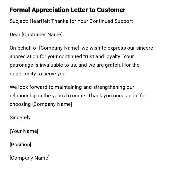 Formal Appreciation Letter to Customer