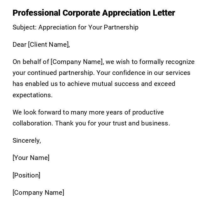 Professional Corporate Appreciation Letter