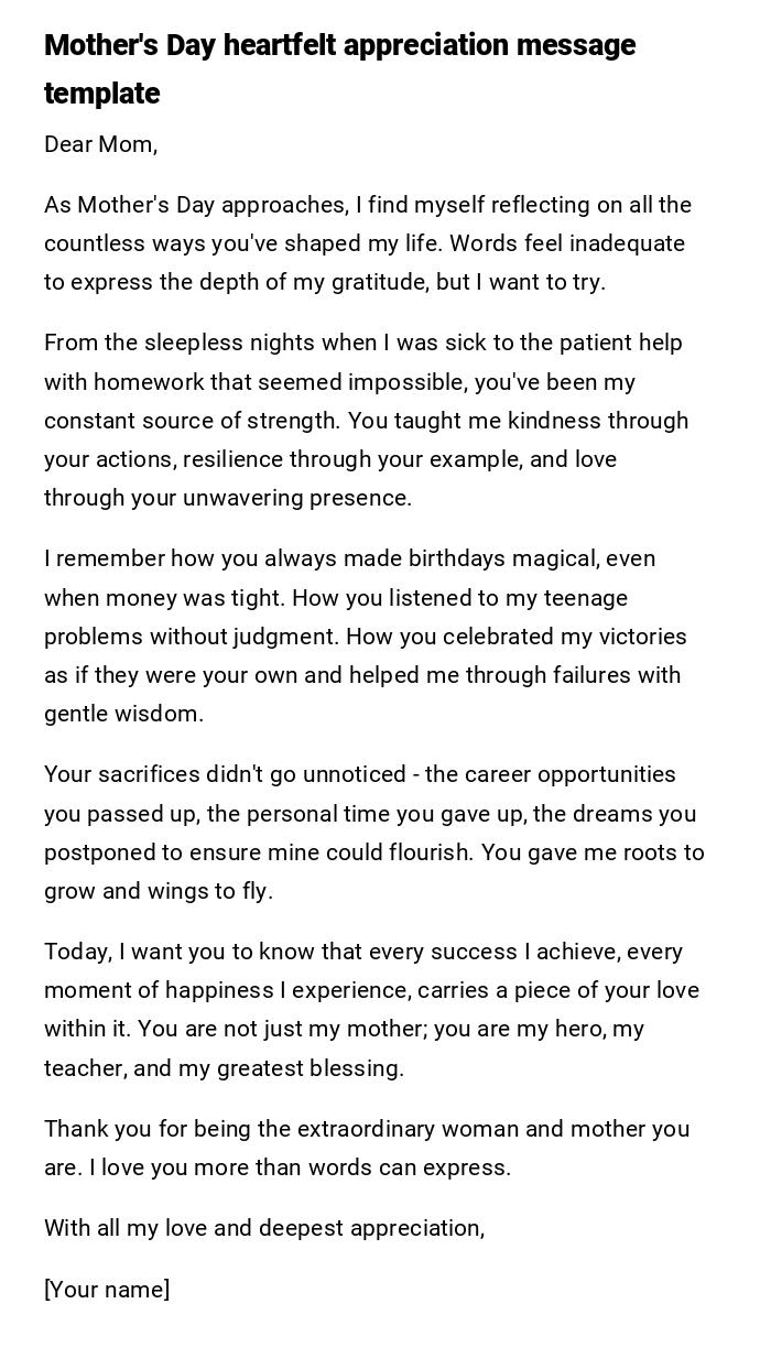 Mother's Day heartfelt appreciation message template