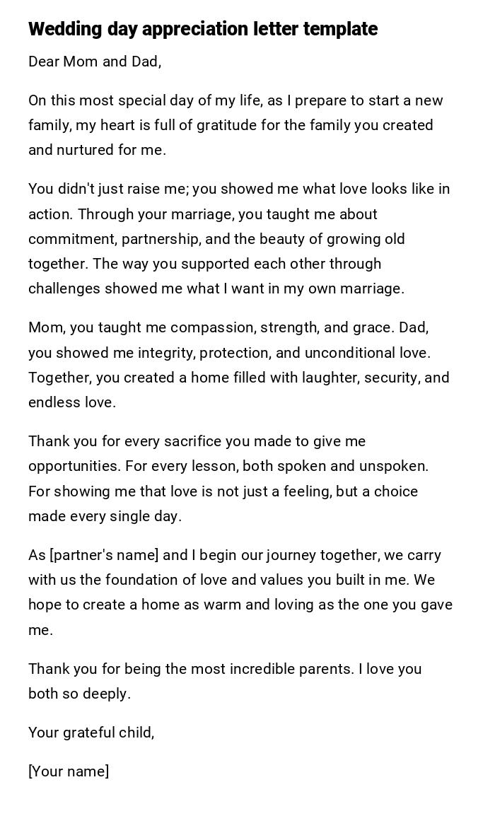 Wedding day appreciation letter template