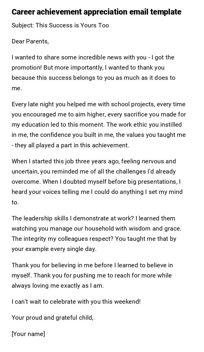 Career achievement appreciation email template
