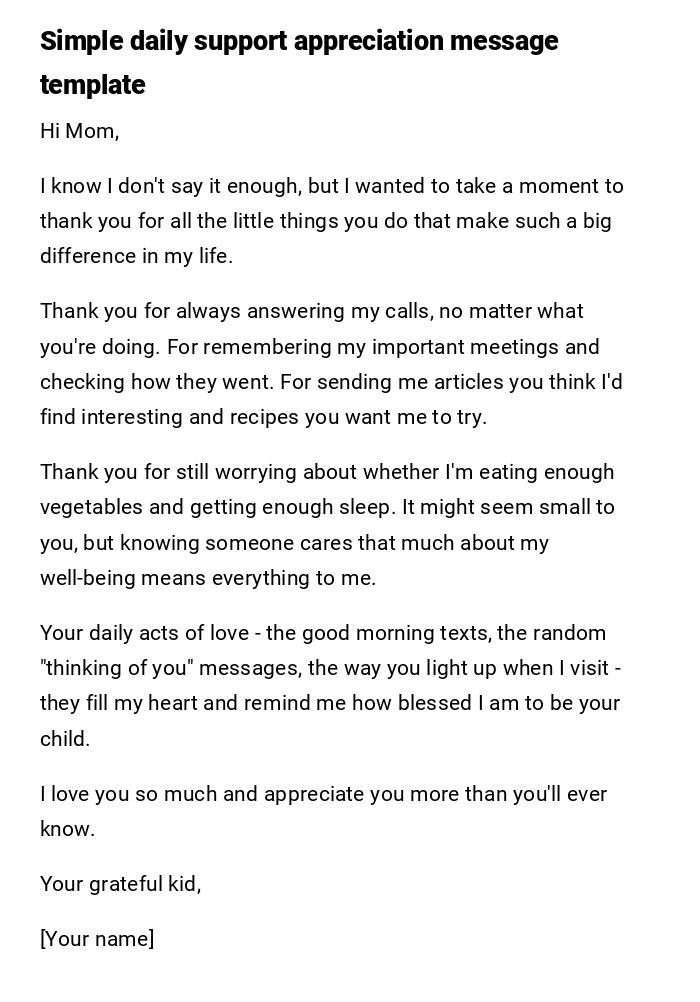 Simple daily support appreciation message template