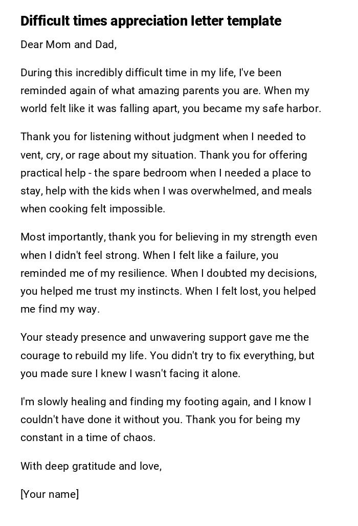 Difficult times appreciation letter template