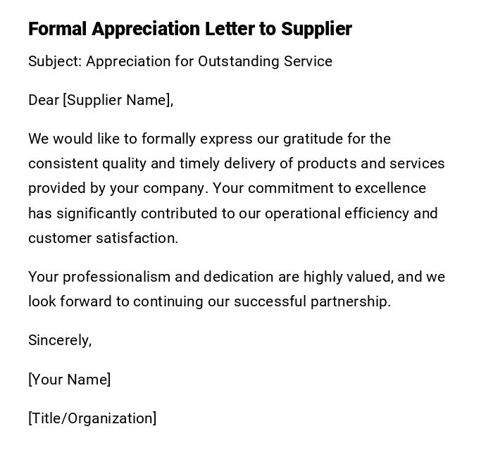 Formal Appreciation Letter to Supplier