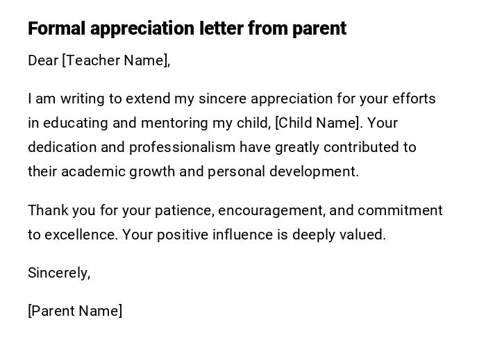 Formal appreciation letter from parent