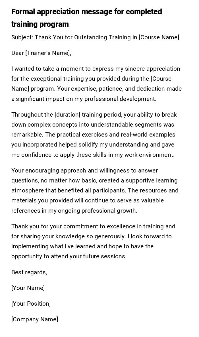 Formal appreciation message for completed training program