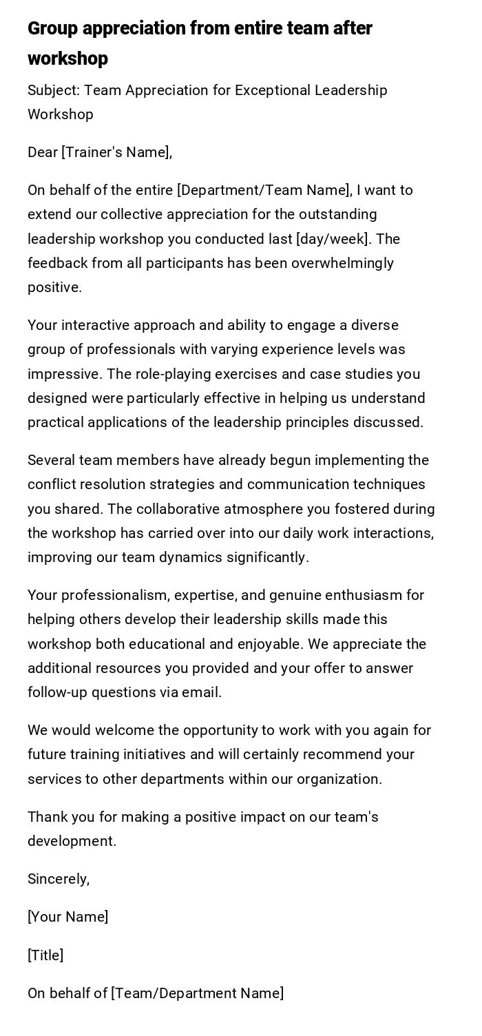 Group appreciation from entire team after workshop