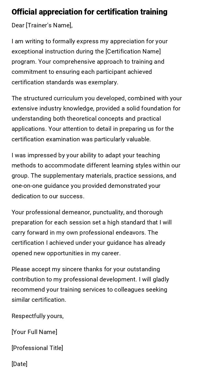 Official appreciation for certification training