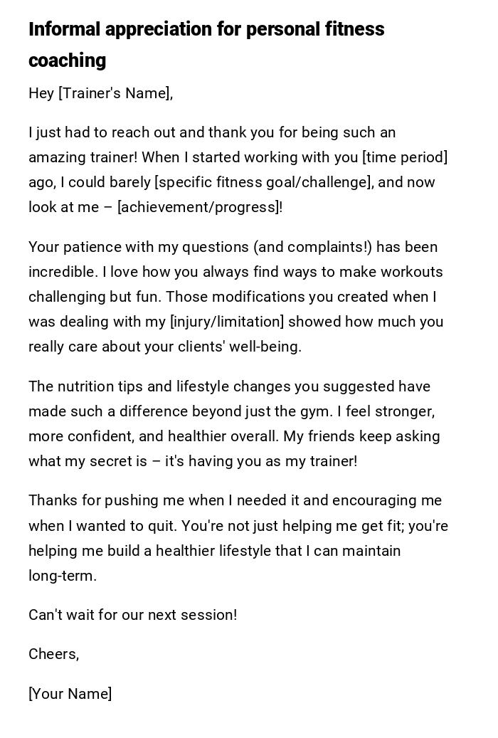 Informal appreciation for personal fitness coaching