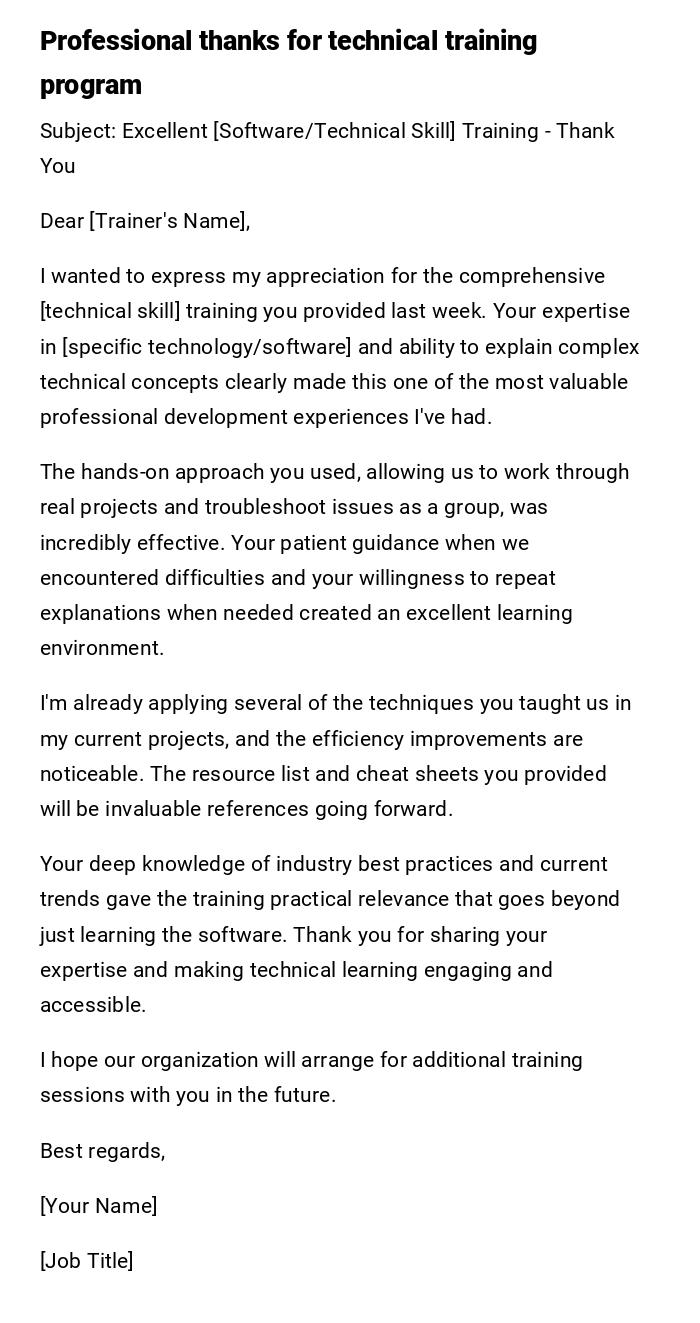 Professional thanks for technical training program