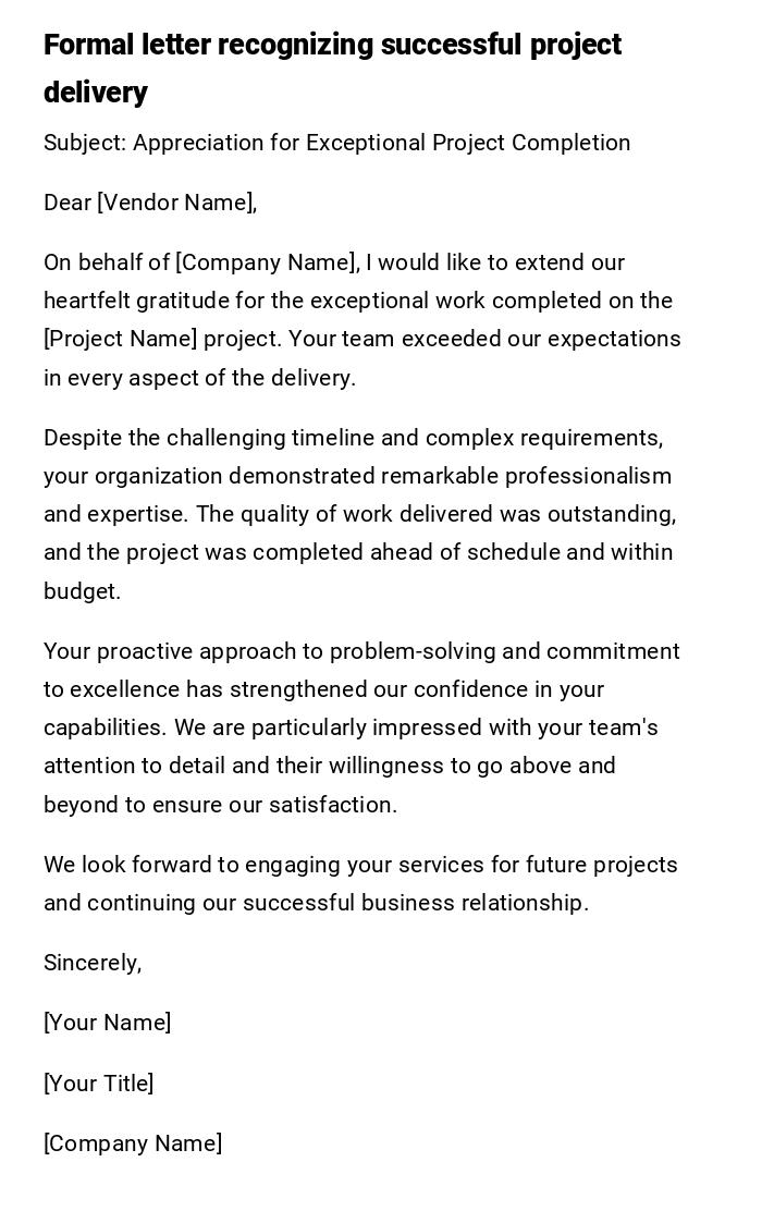 Formal letter recognizing successful project delivery
