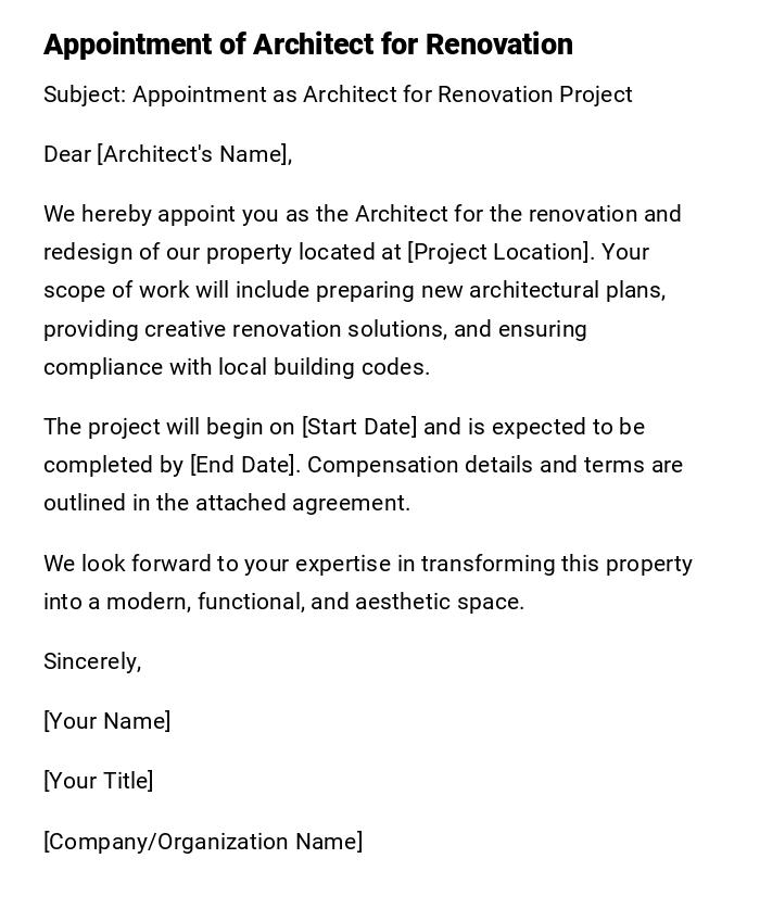 Appointment of Architect for Renovation