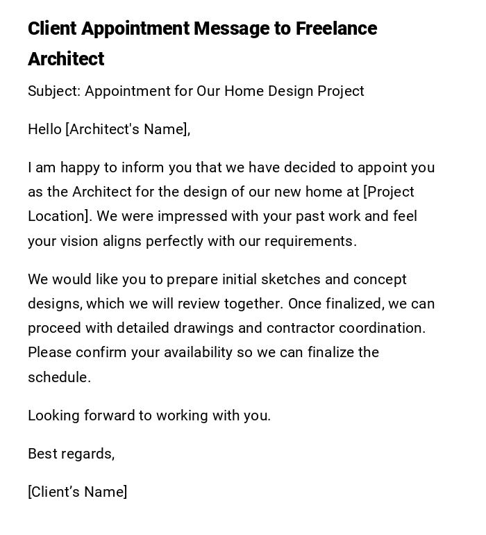 Client Appointment Message to Freelance Architect