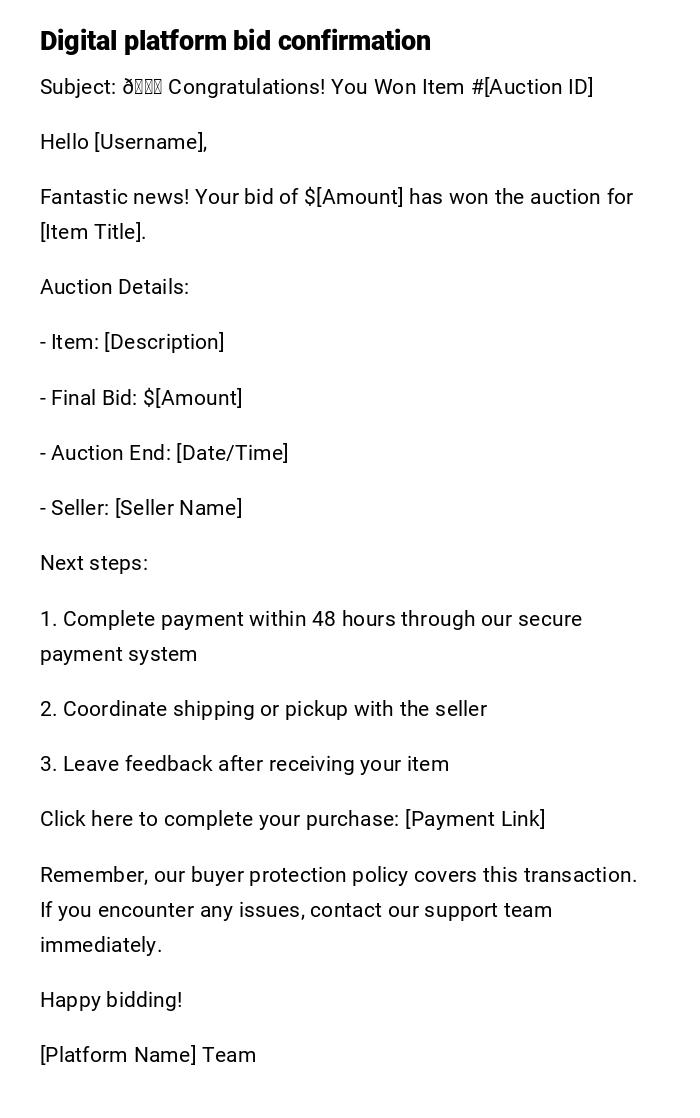 Digital platform bid confirmation
