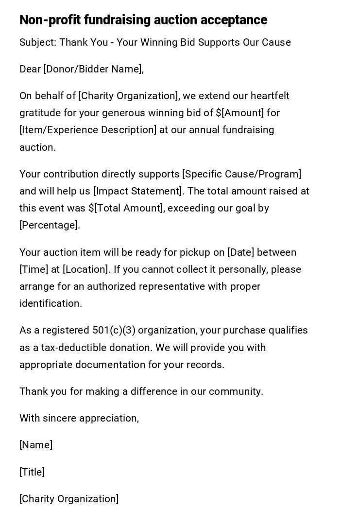 Non-profit fundraising auction acceptance