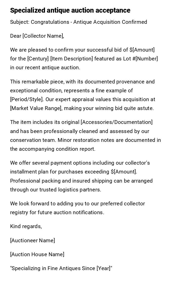 Specialized antique auction acceptance
