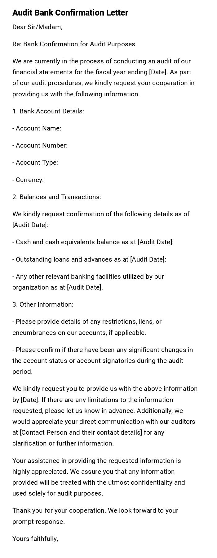 Audit Bank Confirmation Letter