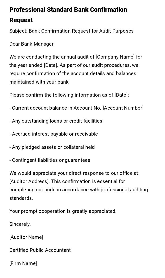 Professional Standard Bank Confirmation Request