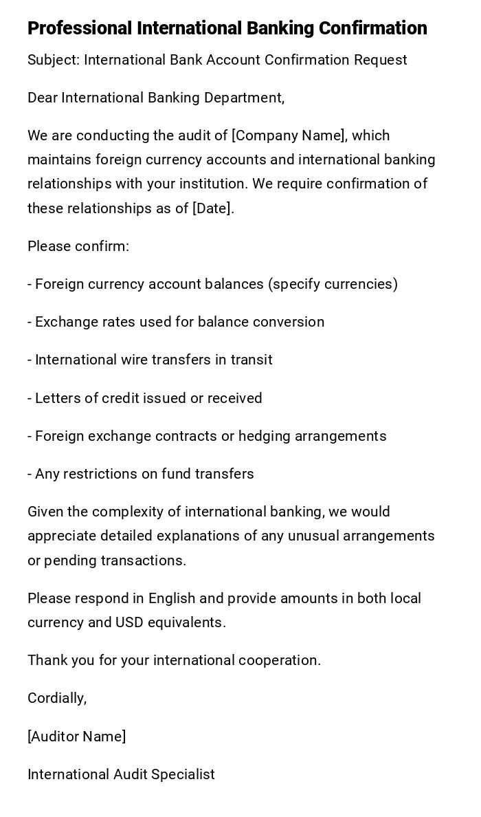 Professional International Banking Confirmation