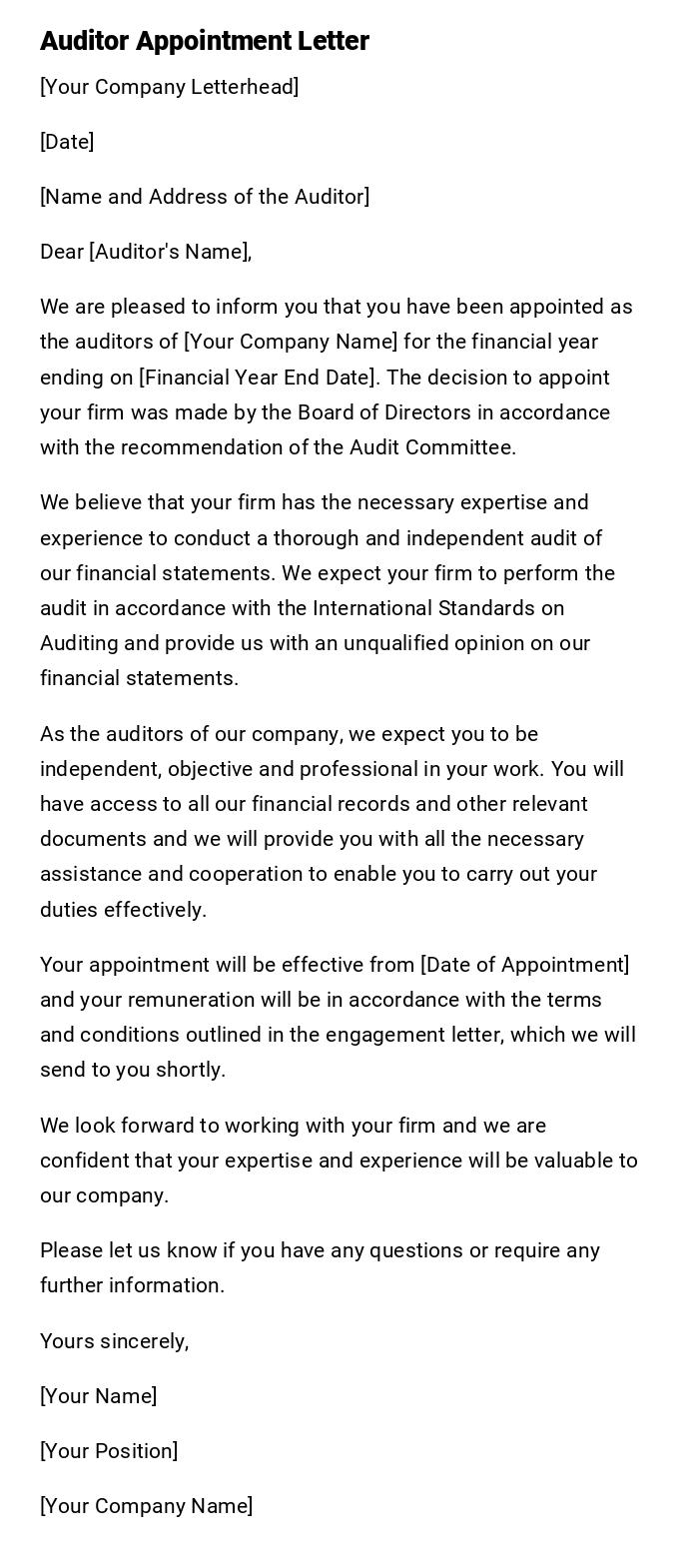 Auditor Appointment Letter