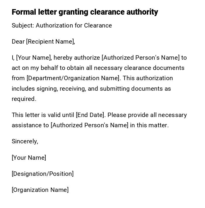 Formal letter granting clearance authority