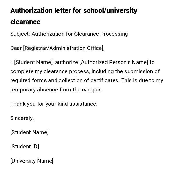 Authorization letter for school/university clearance