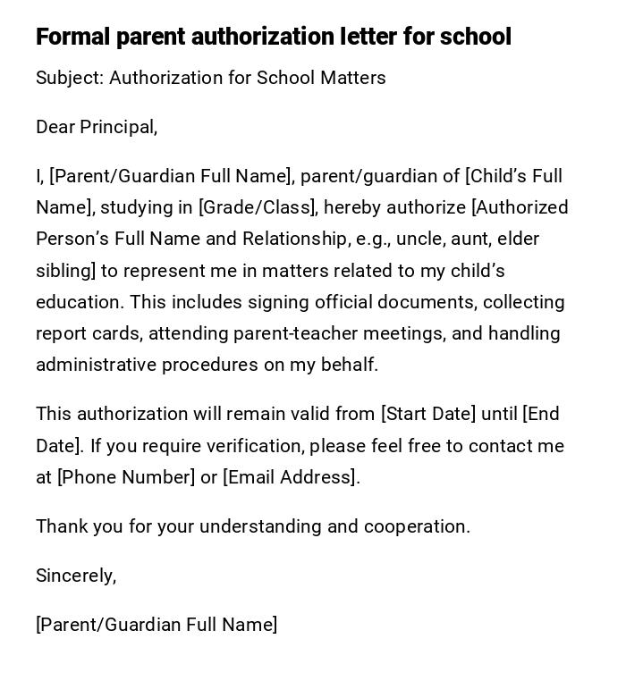 Formal parent authorization letter for school