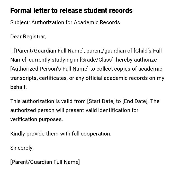 Formal letter to release student records