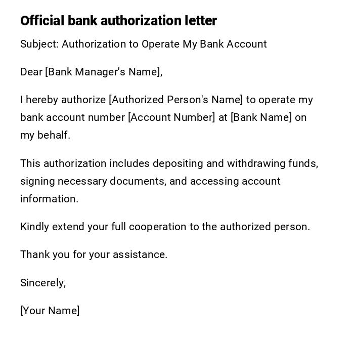 Official bank authorization letter