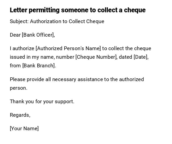 Letter permitting someone to collect a cheque
