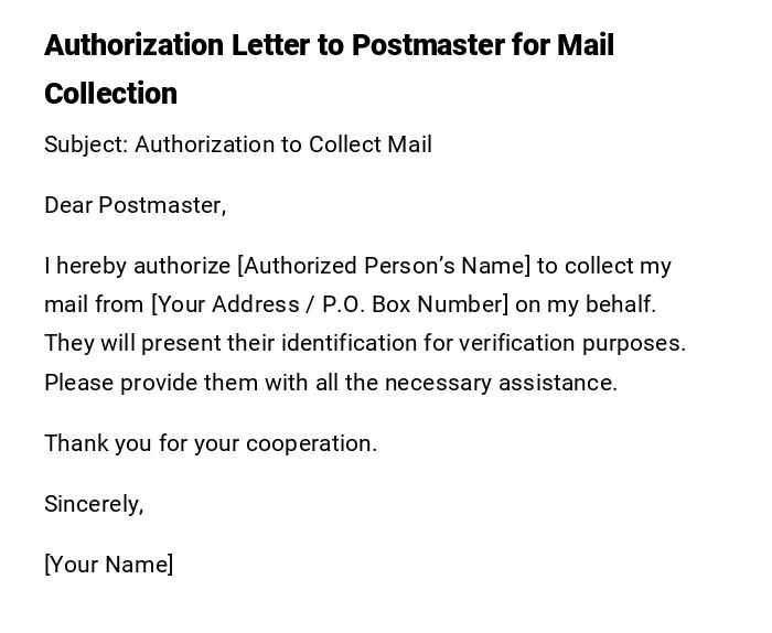 Authorization Letter to Postmaster for Mail Collection