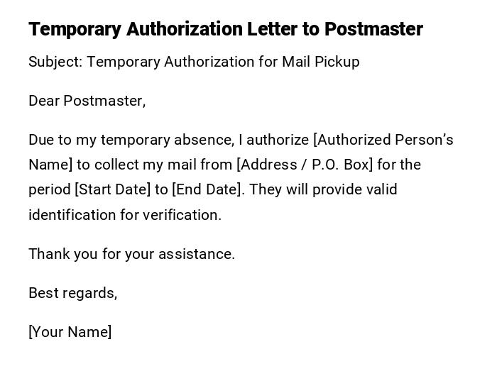 Temporary Authorization Letter to Postmaster