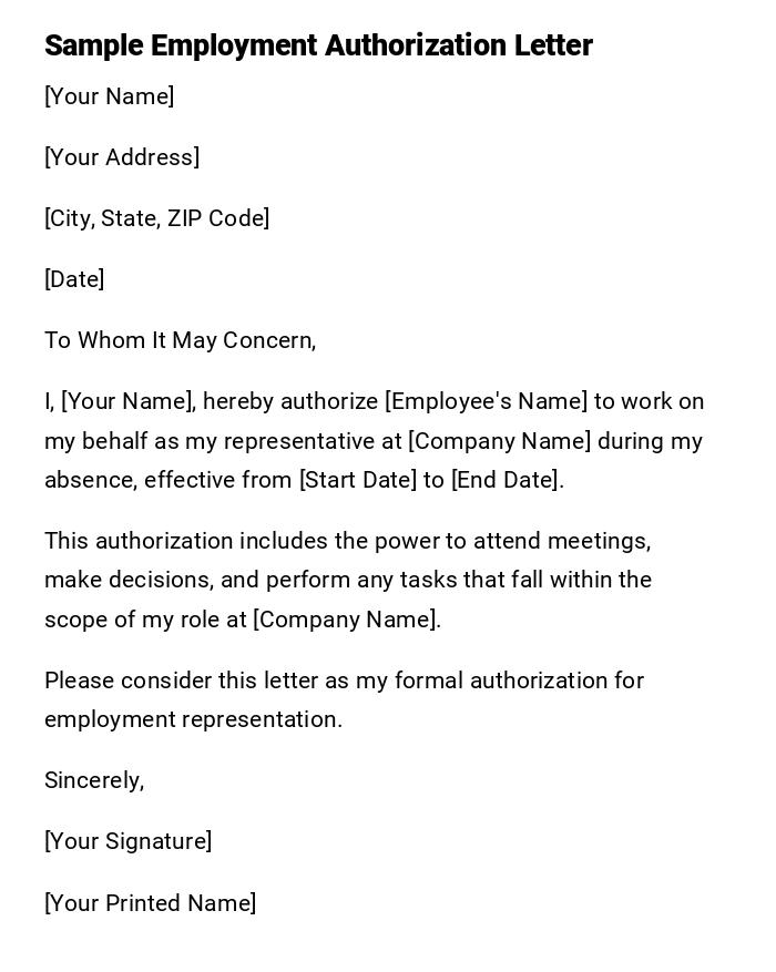 Sample Employment Authorization Letter