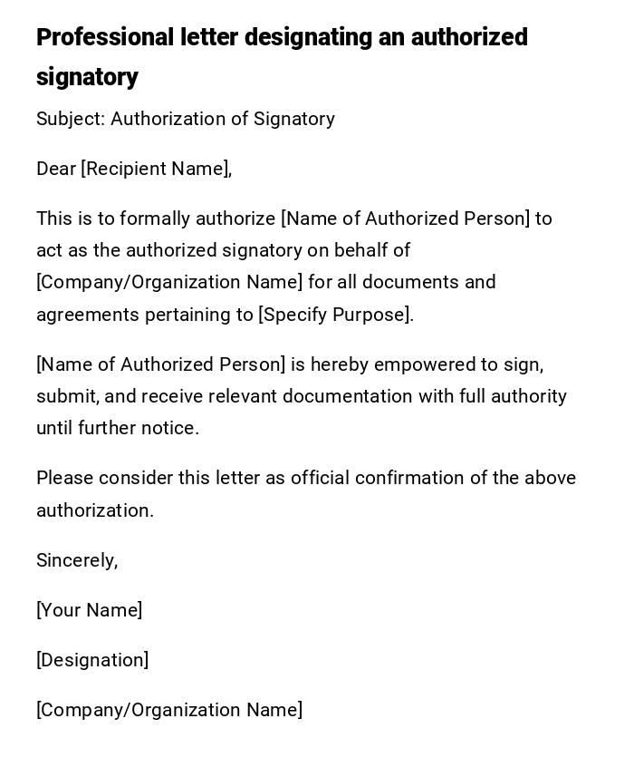Professional letter designating an authorized signatory