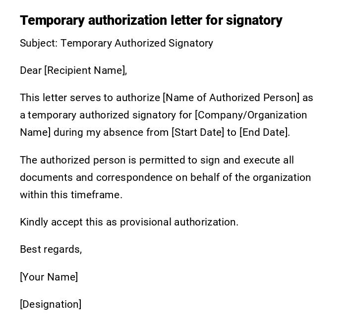 Temporary authorization letter for signatory