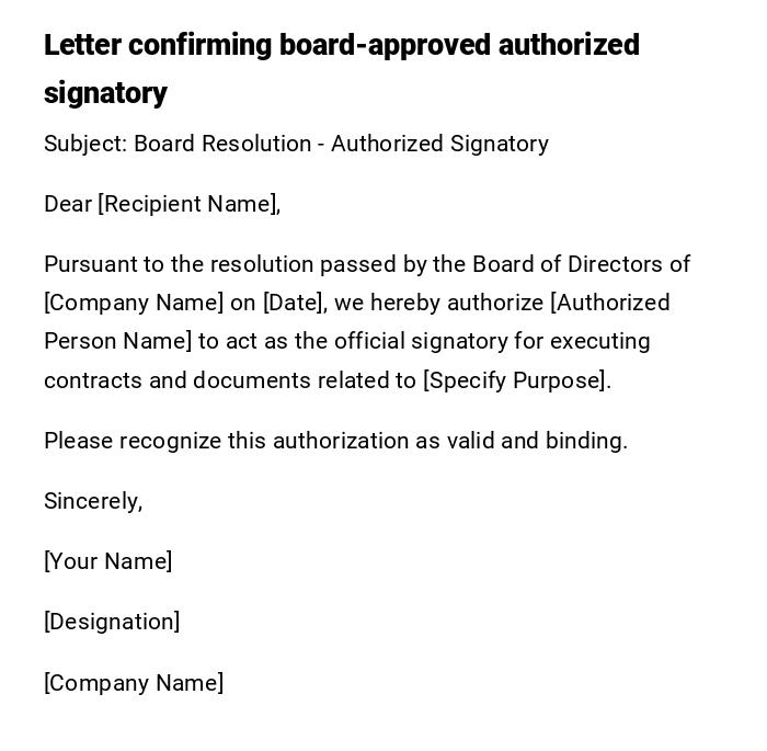 Letter confirming board-approved authorized signatory