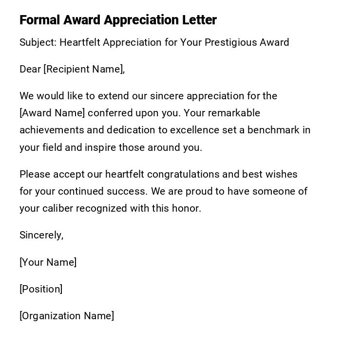 Formal Award Appreciation Letter