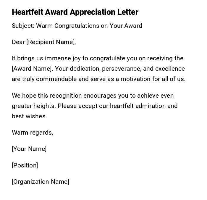 Heartfelt Award Appreciation Letter