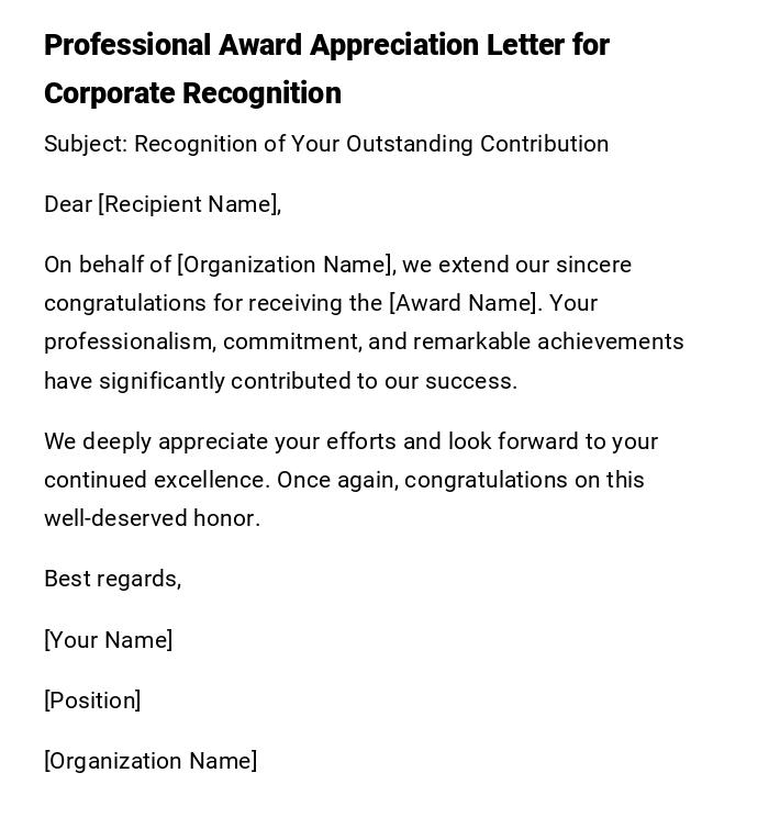 Professional Award Appreciation Letter for Corporate Recognition