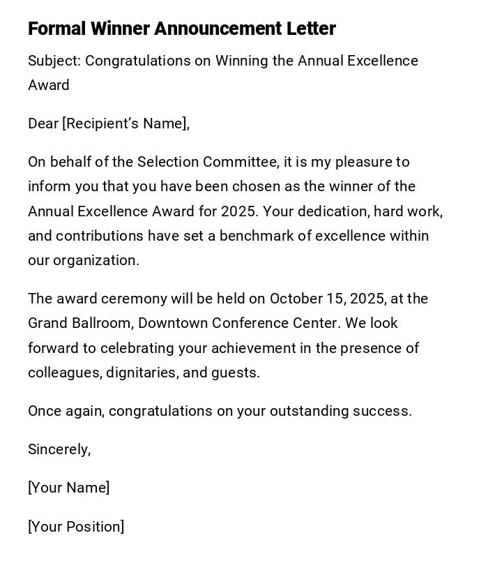 Formal Winner Announcement Letter