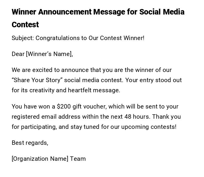 Winner Announcement Message for Social Media Contest