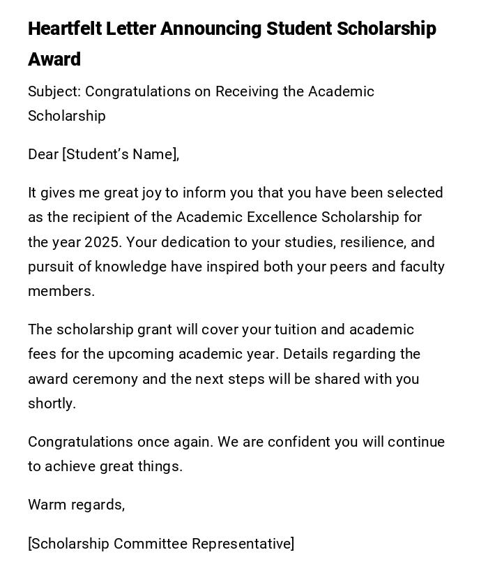 Heartfelt Letter Announcing Student Scholarship Award