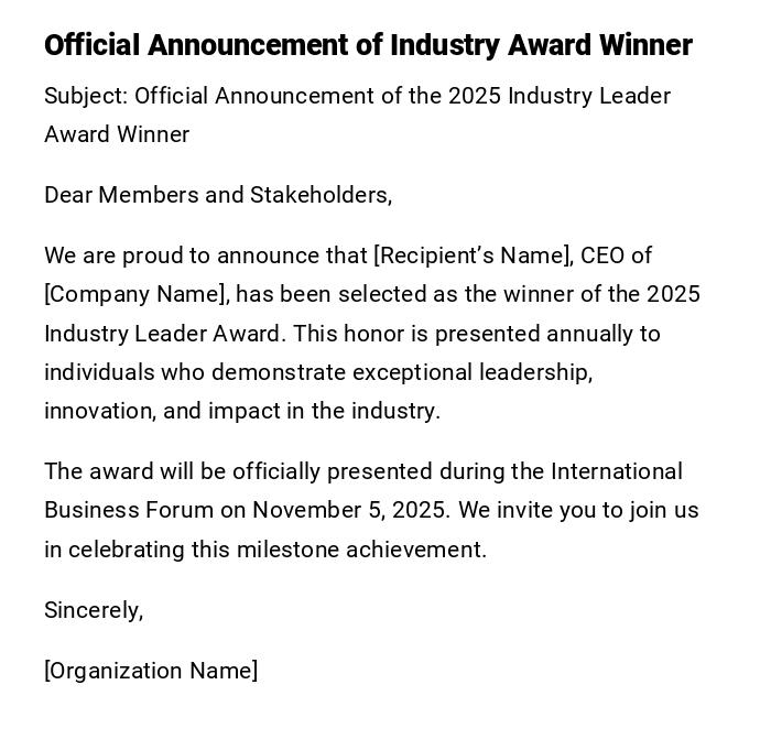Official Announcement of Industry Award Winner