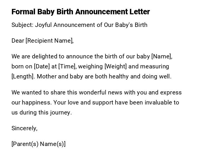 Formal Baby Birth Announcement Letter